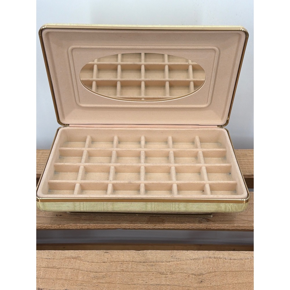 Vtg MCM Fabric Jewelry Box Gold Tone Trim 24 Compartments Oval Mirror Clamshell
